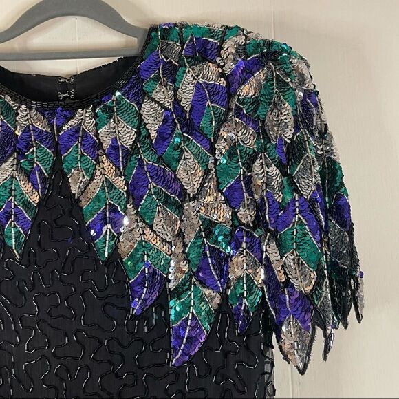 Vintage Scala Black Beaded Sequins Cocktail Dress Open Back - Picture 3 of 7
